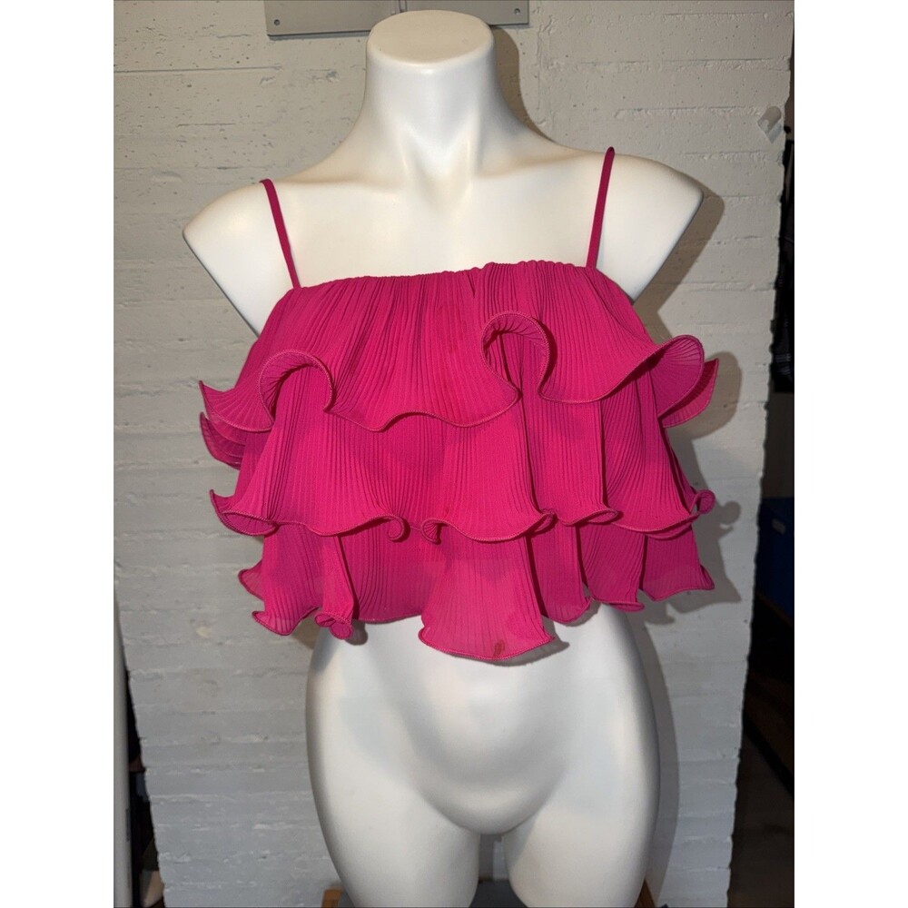 Tiered Ruffled Cropped Pink Square Neck Tank S New Preppy, Coquette, Y2K Revival
